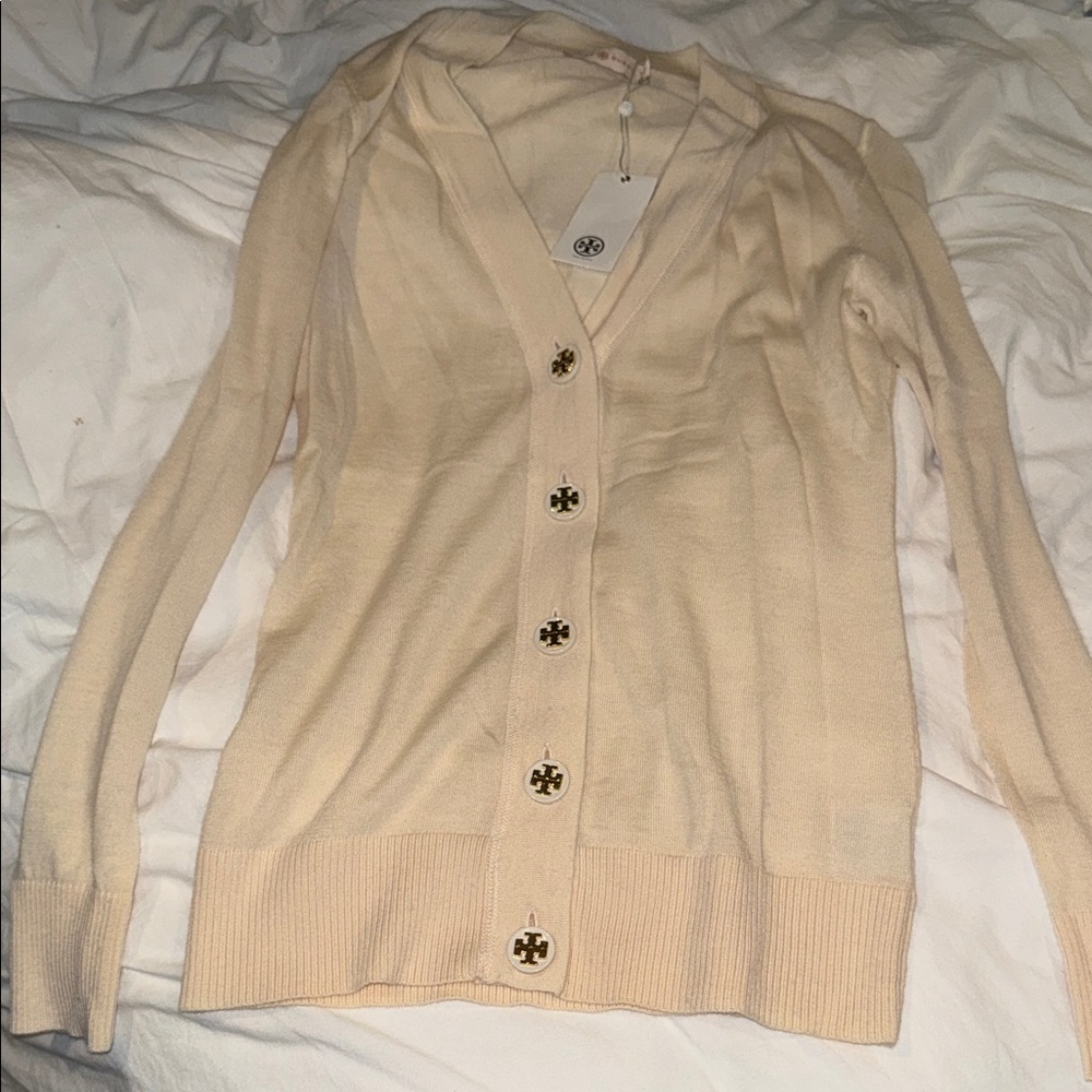 Tory Burch Light Cream Cardigan with Signature Buttons- XS